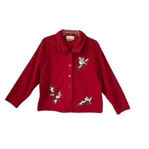 Mandal Bay Women's Wine Red Song Bird Embroidered Button Down Fleece Sweater Md‎